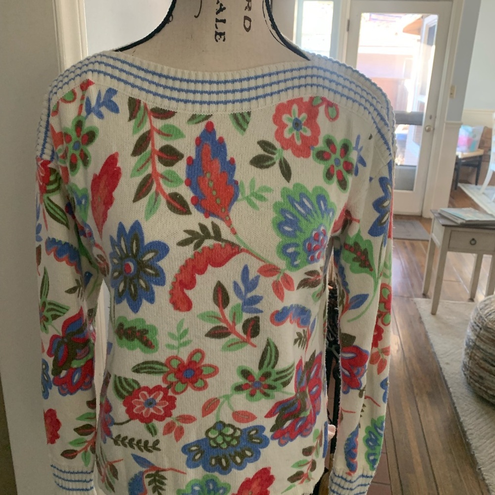 Cashmere Talbots Floral Crew Neck Sweater - Red, Blue, Green
